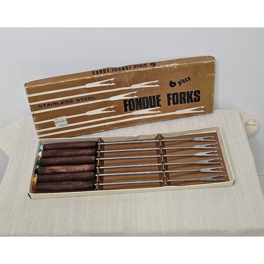 Vintage Fondue Stainless Steel 6 Piece Wooden Handle Set 10.5"